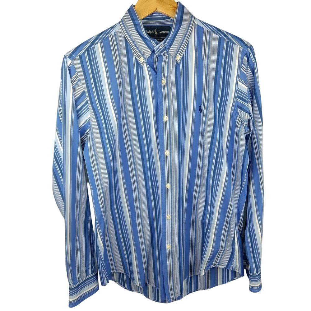Ralph Lauren Men's Blue and White Striped Button Down Shirt